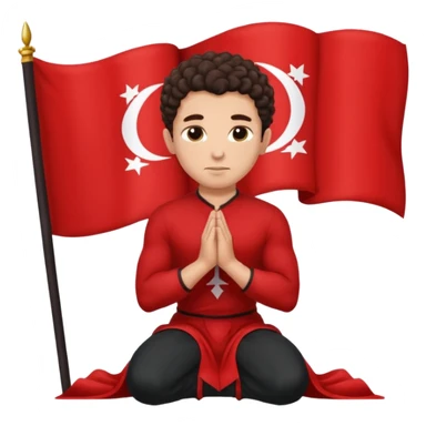Brunette man clean shaven with slick back curly hair on his knees praying to an Albanian flag sticker