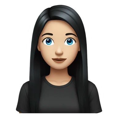 girl, long black hair, blue eyes, fair skin in a black T-shirt sticker