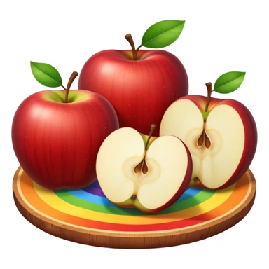 A round wooden board on which there are three whole apples and one apple, cut into two halves and several slices, with a rainbow outline sticker