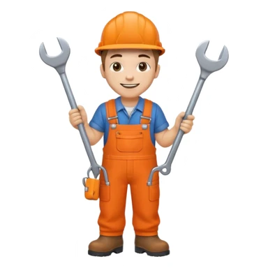 railway engineer in orange overalls, boots, holding a spanner sticker