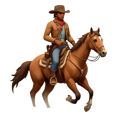 An icon representing an adventure game, inspired by Red Dead Redemption II. The design features a rugged cowboy riding a horse through a vast, open landscape with mountains, deserts, and wild animals. The atmosphere conveys exploration, action, and the thrill of the journey. Transparent background sticker