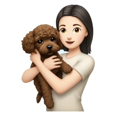 pale white girl with black hair holding brown bichpoo puppy sticker