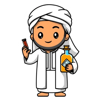 Arab man in traditional clothes holding a medicine bottle sticker