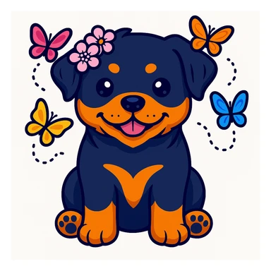 Add butterflies fluttering around the rottweiler with a cherry blossom flower crown, keep the original style and colors sticker style sticker