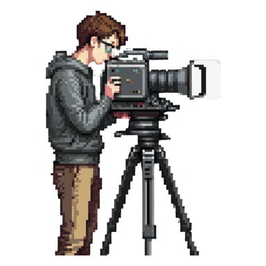 cinéaste de profil ou 3/4 tenant une vraie caméra broadcast professionnelle, œil dans l’œilleton, cadrant devant lui, personnage entier de la tête aux pieds sticker