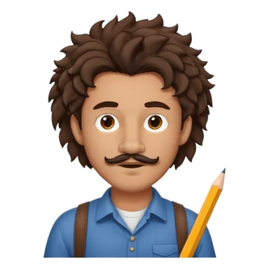 Make a cute guy with bouncy curly dark brown hair with a disconnected goatee and medium skin with a thin parted pencil mustache and lion ears sticker
