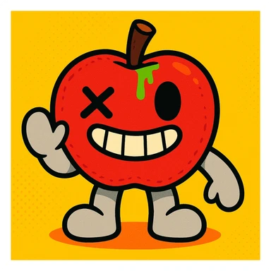 Appleton the Apple plush character, vibrant toon style, red apple plush with light grey limbs, left eye with an X, ichor oozing from the stem without leaf, wide grin sticker
