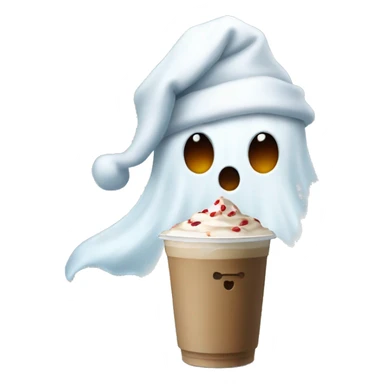 Ghost wearing a Christmas hat drinking an iced coffee sticker