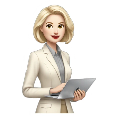 pale skin woman with ash blonde Straightened bob Hair, White Spacious classical jacket, beige palazzo Arrow pants and gray blouse holding a MacBook in the hands sticker