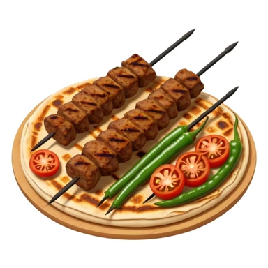 Adana kebab object icon, spicy grilled minced meat skewer, served on flatbread, grilled tomatoes and green peppers on the side, smoky char marks, juicy texture, 3D cartoon, mobile game icon style, centered, clean background, no text, no watermark
 sticker