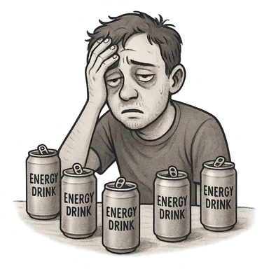 student with headache, hand on forehead, eyes half-closed, surrounded by empty energy drink cans, looking hungover sticker