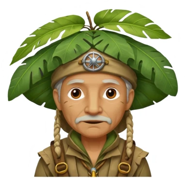 a old explorer with jungle wearing a large leaf headgear bye  sticker