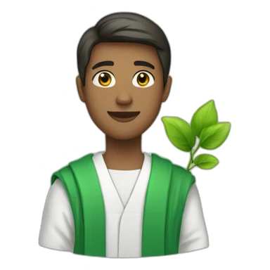 a white student in a green robe with a green sprout in his hands sticker