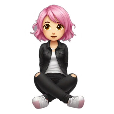 Full body Front view curvy emo girl pink hair sits on the floor straight view hands up black skirt белые трусики sticker