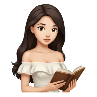 Beautiful woman in 1950’s woman fashion look, off-shoulder white dress, long dark brown hair, reading  sticker
