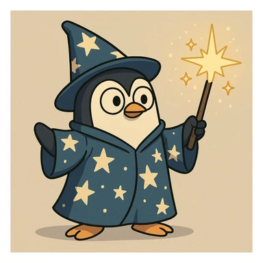 a cute penguin wizard with a starry robe and a wand, casting a spell, in a cartoon style sticker