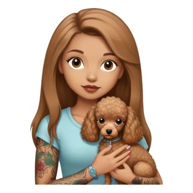 a  girl with Light brown  Straight long hair and tattoos and a miniature poodles sticker