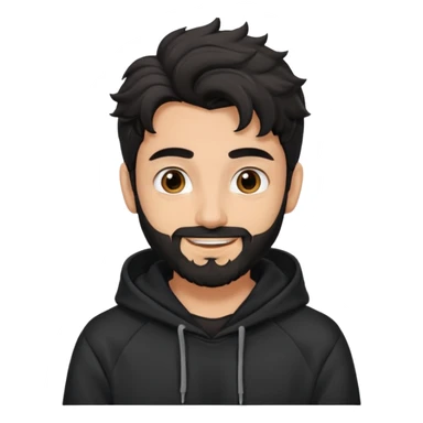 young fair skin pakistani guy smiling with black beard, wavy hair pushed back and brown eyes and big eyebrows, wearing black hoodie sticker