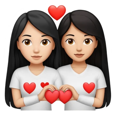 Dos mujeres juntas que una sea de color trigueña y de color blanca, cabello largo negro sea la de piel blanca y la de piel trigueña cabello castaño raya en medio, tengan polo blanco, que haga  una con su mano formando un corazon sticker