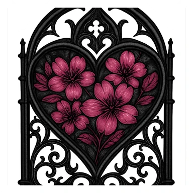 goth sakura heart, gothic stained glass, black lead lines, deep pink sakura, ornate and luminous sticker