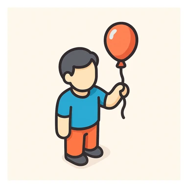 person with a balloon, symbolizing lightness and joy, simple form, clear shadows and highlights, 2D isometric style sticker