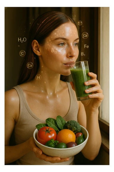 A highly realistic, cinematic portrait of a young woman in her late 20s with glowing, clear, healthy skin and a vibrant scalp with strong, shiny hair, symbolizing internal health reflecting outward. She has a calm, confident expression while sitting by a window with warm daylight softly illuminating her face, highlighting smooth, hydrated skin with a natural glow. Her hair appears clean, full, and strong, indicating a healthy scalp and balanced sebum production. She is drinking a glass of green smoothie rich in antioxidants and holding a bowl of colorful fruits and vegetables, symbolizing how internal nutrition supports skin and scalp health. Subtle, softly glowing overlays of molecular symbols for vitamins, minerals, and hydration molecules gently swirl around her, visually representing the concept of beauty and skin health from the inside out. Style: 35mm hyperrealistic film look, warm tones, soft depth of field, focusing on clear skin texture, healthy scalp, and vibrant hair to inspire holistic wellness sticker