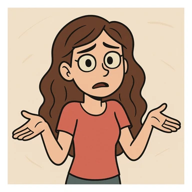 cartoon girl with long brown wavy hair, green eyes, shrugging, slightly confused expression, upper body, simple background sticker
