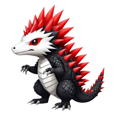 Cute cool black red white animal hybrid Fakemon full body, detailed, spiky, scaly, edgy sticker