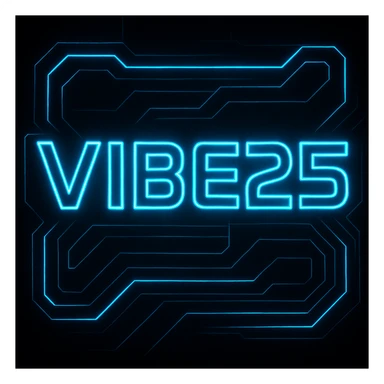 Add a strong neon blue glow around the VIBE25 logo, set the background to solid black, keep the Tron-inspired futuristic style with glowing lines and a high-tech digital aesthetic. sticker