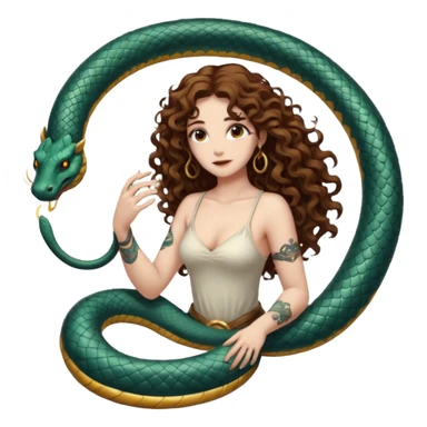 full body woman long curly brown hair brown eyes white skin tattoos ouroboros serpent ring floating behind her like halo sticker