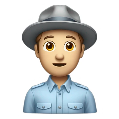 A TOK emoji of a bust of a man with light skin and short brown hair, wearing a light blue oxford shirt and a gray trilby hat with a flap on the back, looking concerned sticker