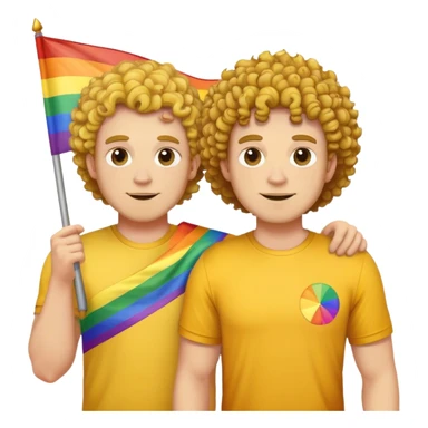 Heavy set white guys with yellow shirt and curly hair holding a pride flag sticker