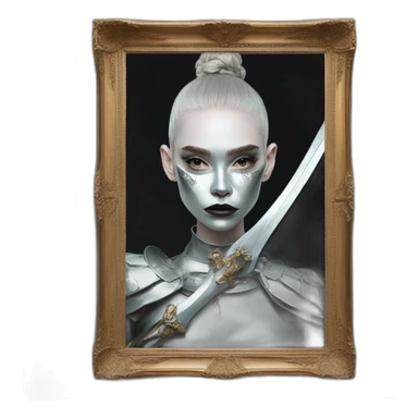 portrait of Grimes in a silver mask woth a sword from at Met gala 2021 sticker