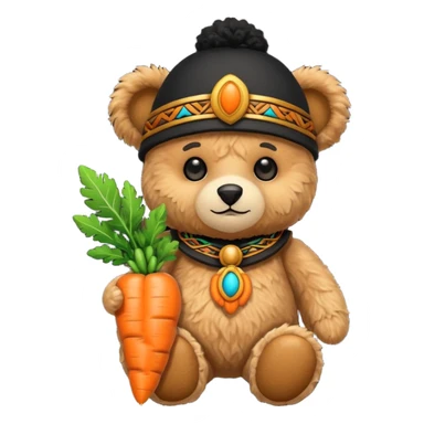 teddy bear, wearing black mayan ancient custome, with carrot sticker