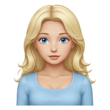 pretty girl blonde soft wavy long hair middle part makeup light baby blue skin tight square neckline long sleeve top sticker