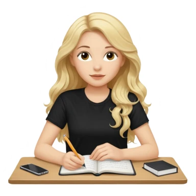A beautiful blonde with long wavy hair in a black T-shirt sits and writes in a diary with a pen. sticker