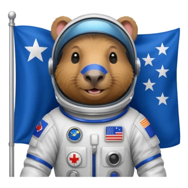 Capypara in space suit, holding blue rectangle flag sticker