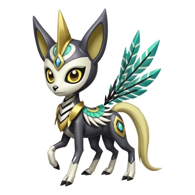 Arrow-patterned chevron-marked Cute Big-eyed anime-styled Colorful Shiny Tribal Skeletal masked armored Meloetta-Silvally-Solgaleo-Raikou-Pokémon-Digimon-Fakémon-fusion-hybrid-creature, full body sticker