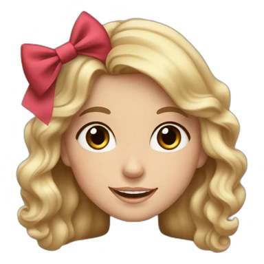 White girl, with wavy hair and two bows on top with two bows. Dark brown eyes and dimpled smile sticker