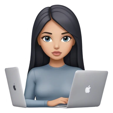 Glamours, tanned, very beautiful girl, with big pump peach-beige-rose lips, black straight smooth silky long hair, straight parting, blue-grey eyes, in grey bodysuit holding MacBook sticker
