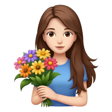 Cool girl with long brown hair and fair skin holding a bouquet of flowers sticker