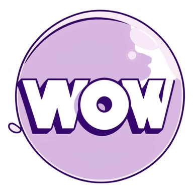 Purple bubble with white text saying "WOW!" sticker