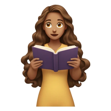 Girl with long brown wavy hair , read a book, and her face expression is thinking and there are questions mark above her head sticker