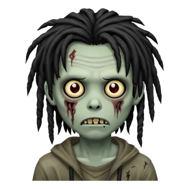 zombie boy with black dreads, medium length, emo style, shaggy, dark, creepy and spooky face, iOS emoji style sticker