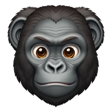 Gorilla face, realistic primate features, dark fur, strong brow ridge, iOS emoji style sticker