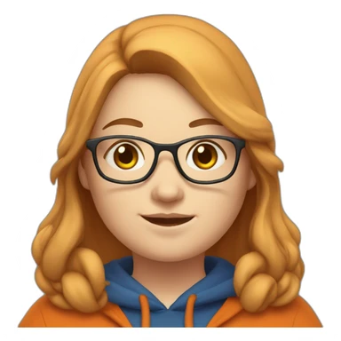 chubby woman with pale skin, with glasses, with long brown hair, wearing a dark orange hoodie, waving sticker