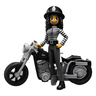 Lego, Jeffery New York Evening Gown Barbie, Wednesday Addams from academy, in vertically-striped dark-gray and black London police officer’s uniform with hat. Leaning back at the hips, riding a wheelie on a hot rod bike smiling  sticker