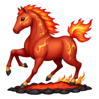 A red fast horse made of embers, magma, and visible lava, with flames burning around it and ash particles floating sticker