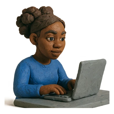 black woman coding with visible clay texture sticker