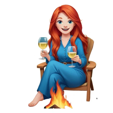Laughing woman with long red hair and blue eyes holding white wine sitting in chair beside fire pit sticker